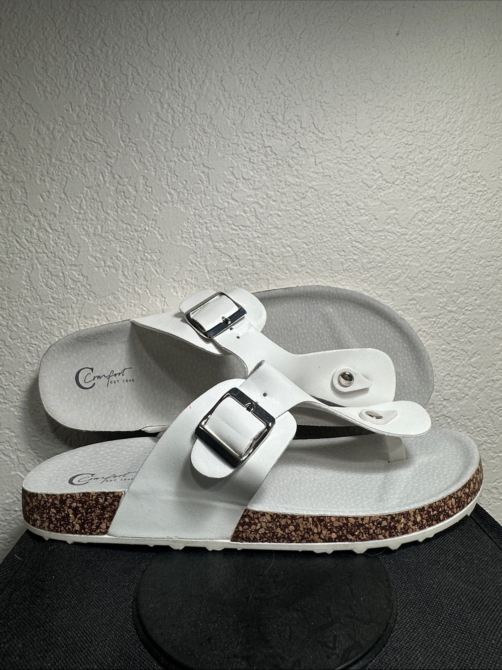 White Cork-Trim Toe-Post Sandals with Buckle